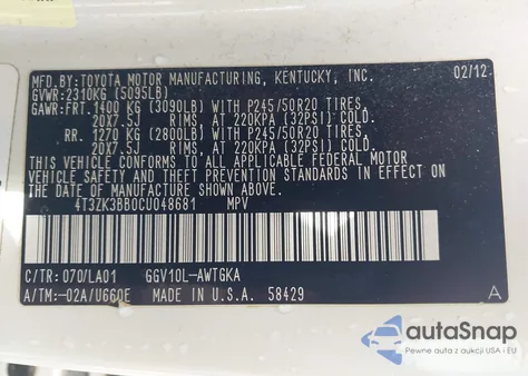 2012 Toyota Venza Xle V6 из США, поврежденный, VIN 4T3ZK3BB0CU048681